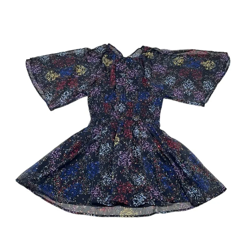 Free People Sheer Mini Dress Flowy Sleeves Shirred Black Size Medium Open Back